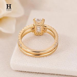 Luxury Emerald Cut Lab Grown Diamond Engagement <b>Ring</b> <b>Set</b> 14K Yellow <b>Gold</b> Side Cluster Bridal Stack - Product Image 4