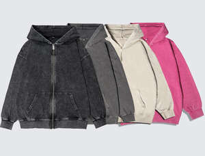 Sudadera con capucha unisex vintage de algodón 100% French Terry 450G, estilo de tendencia pesado, con cremallera, efecto desgastado por el sol y lavado ácido, la más vendida. - Product Image 4