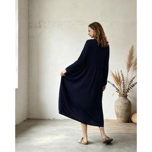 Women Navy Blue Cotton Linen Maxi <b>Dress</b> With Button Front Stand Collar <b>Loose</b> Fit Full Sleeve Summer Casual <b>Dress</b> For Women - Product Image 1