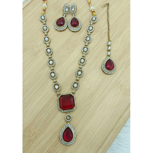 Traditional <b>Gold</b> Kundan Necklace <b>Set</b> Zircon Stone Pendant Matching Earrings Maang Tikka Bridal Wedding Jewelry Party Gift - Product Image 1