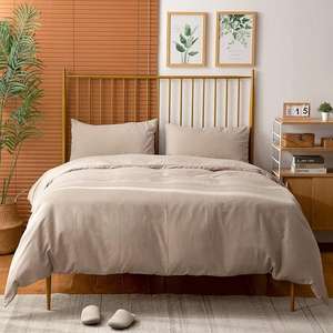 Parure de couette en lin beige avec 2 taies d'oreiller, tissu naturel adouci, fermeture à boutons, literie pour hôtels et intérieurs. - Product Image 1