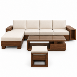 Modern Scandinavian L Shaped Teak <b>Wood</b> Sofa Set Cream Cushions <b>Storage</b> Coffee Table Ottoman-Eco-Friendly Living Room Furniture - Product Image 1