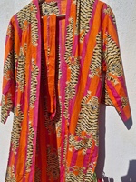 Robe en tricot de luxe pour femme à imprimé floral, col en V, cordon de serrage, manches 3/4, longueur cheville, 100 % coton 220g, respirante pour l'été