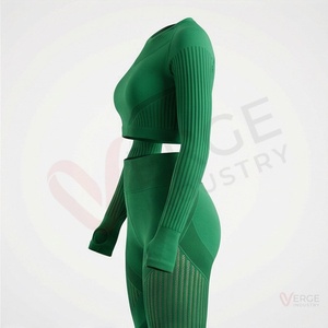 <b>Women</b> <b>Green</b> Seamless Ribbed Yoga 2 Piece Set Long Sleeve Crop Top High Waist <b>Leggings</b> Thumbholes - Product Image 3