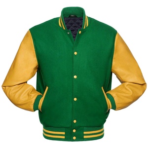 Chaqueta universitaria de estilo único verde y amarillo con bolsillos delanteros y procesamiento recubierto de dobladillo acanalado - Product Image 1