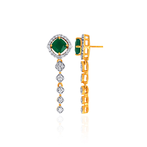 Premium Green Gemstone Long Drop <b>Earrings</b> with Cushion Cut Center, <b>Diamond</b> Pave Halo and Multiple Square Stone <b>Dangles</b> - Product Image 3