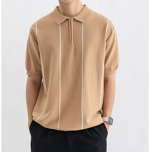 เสื้อโปโลผู้ชายสีขาว แขนสั้น คอปก ซิปครึ่งตัว ลายทางแนวตั้ง ผ้าถัก สวมใส่สบาย ทรงปกติ เหมาะสำหรับฤดูร้อน - Product Image 4