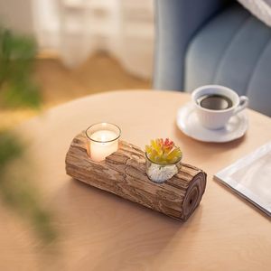 Rustic Wooden Log <b>Tealight</b> Candle <b>Holder</b> Decorative Table Centerpiece with Glass Votive Cups - Product Image 2