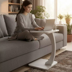 Table d'appoint en bois en forme de C pour canapé et lit |   Table pour ordinateur portable en bois massif |   Table d'appoint gain de place pour salon (blanche, carrée) - Product Image 1