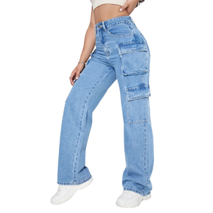 Pantalones Cargo Vaqueros Anchos Azules Medios para Mujer, Transpirables, de Tiro Medio, Ajuste Regular, Denim Lavado, Estilo Casual Urbano de Otoño - Product Image 5