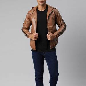 Men's Brown Leather Hooded <b>Jacket</b> Zipper Closure Regular Fit Solid Color Moto Biker Style Autumn Wear - Product Image 1