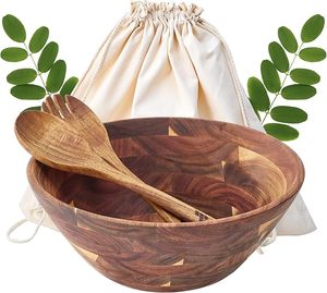 Saladiers en bois avec ustensiles de service, grands bols en bois d'acacia de 12,5 pouces pour mélanger les aliments, faits à la main, élégants, en bois naturel - Product Image 1