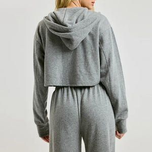 Velours fermeture éclair automne épais haut court survêtement femmes ensemble décontracté vêtements de sport deux pièces à capuche ensemble de haute qualité à bas prix - Product Image 3