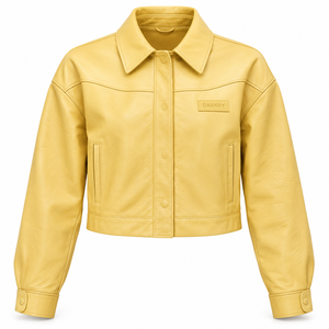 Yellow Genuine Leather Jacket Womens <b>Button</b> Front Turn Collar Drop Shoulder Welt Pocket Cropped <b>Coat</b> Custom Service Supply - Product Image 1