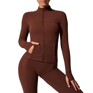 Women Yoga Set Solid Color Full Length <b>Zipper</b> Front 2 Piece High Waist Flared Pants Long Sleeve <b>Top</b> Breathable Spandex Polyester - Product Image 3