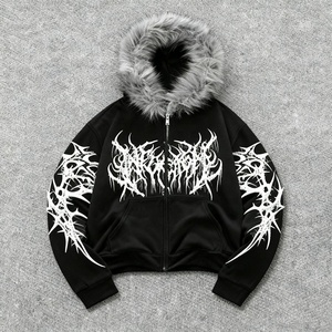 Sudadera con capucha y cremallera para hombre, estilo oversize, con cuello de piel, hombros caídos, diseño gráfico personalizado, estilo vintage, tejido grueso de 500g, de fabricante de ropa urbana. - Product Image 2