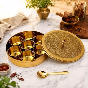 Caja de Especias de Latón con Tapa Grabada, 7 Recipientes Redondos, Juego de Almacenamiento de Hierbas Masala Dabba, Duradero, Ecológico, Apto para Lavavajillas - Product Image 6