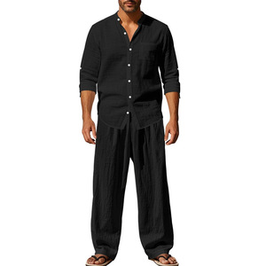 Ensemble décontracté en lin pour homme : chemise à manches longues et pantalon, tissé uni gaufré 270g, respirant pour le printemps - Product Image 2