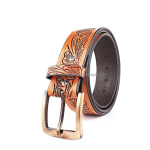Ceinture en cuir occidental à finition bronzée pure avec des motifs floraux gravés à la main, ceinture de cowboy en cuir avec boucle en laiton - Product Image 6