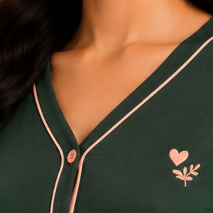 Manufacturer Womens Dark <b>Green</b> Long Sleeve Crop Cardigan Wide Leg Pajama Set Embroidered Lounge Sleepwear Soft Breathable OEM - Product Image 3