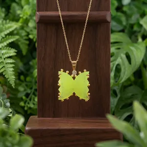 Women's Stylish Prehnite Jade <b>Butterfly</b> Pendant Necklace with Tiny CZ <b>Beaded</b> Designer 18k Gold Plating Chunky <b>Butterfly</b> Necklace - Product Image 5