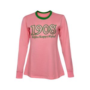   T-shirt à manches longues en twill, couleur rose avec lettres grecques vertes, broderie 1908, vêtements de sororité - Product Image 1
