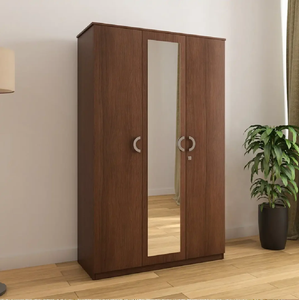 Classic dark wood finish three door wardrobe with central mirror and round handles, available at wholesale prices. - Product Image 1