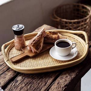 Minimalist Oval Rattan <b>Tray</b> with Loop Handles Natural Handmade Wicker Serving <b>Basket</b> for Tableware and Cafe Setup - Product Image 3