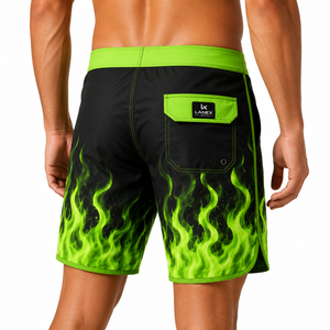 Shorts de bain pour hommes vert flamme à séchage rapide, personnalisables par sublimation, en polyester athlétique, taille mi-haute avec cordon de serrage, pour l'été - Product Image 4