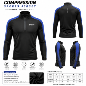 <b>Compression</b> Sports Jersey <b>Men</b> Long Sleeve Black Blue Crew Neck Fitted Moisture Wicking Quick Dry Polyester Full Sleeve - Product Image 5