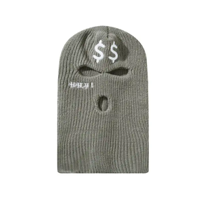 Bonnet brodé unisexe style streetwear avec trous pour les yeux et la bouche, couleurs gris, noir et jaune fluo - Product Image 2