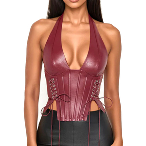 Nuevo Corsé Moldeador con Cuello Halter, Cordones Laterales, Hecho a Mano, Color Borgoña, Vegano, Transpirable, Ajustable, Control Medio - Product Image 1