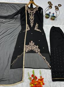 Conjunto de Kurti y Palazzo Bordados de Diseñador con Dupatta |   Traje Étnico de Fiesta en Faux Georgette - Product Image 5