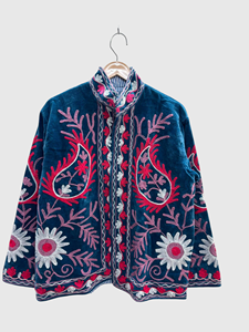 Blouson bleu à col mandarin brodé à la main avec motif géométrique, manches longues, style velours, pour adulte, collection automne - Product Image 1