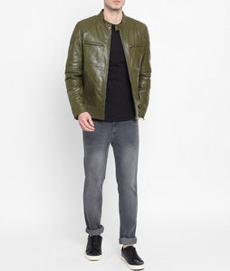 Genuine <b>Leather</b> <b>Jacket</b> <b>Men</b> <b>Brown</b> Front Zipper Crew Neck Vintage Classic Slim Fit Casual Outerwear Waterproof Breathable - Product Image 4