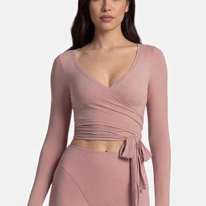 Women Long Sleeve V-Neck Wrap Crop Top High Waist <b>Leggings</b> Self-Tie <b>Skirt</b> 3 Piece Yoga Set - Product Image 5