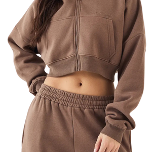 Conjunto de Sudadera Corta con Capucha y Pantalones Anchos de Chándal para Mujer, Cintura Elástica, Atuendo Casual de Dos Piezas para Descansar, Venta al por Mayor - Product Image 5