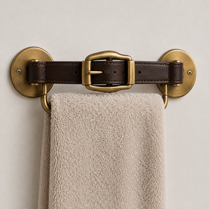Porte-serviettes au design distinctif en cuir brun foncé, inspiré de l'équipement équestre classique en cuir, construction robuste à fixer au mur - Product Image 1