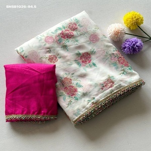 Magnifique ensemble sari et chemisier en Georgette aux couleurs éclatantes avec imprimé Gulab et bordure multicolore en perles, pour femme - Product Image 1