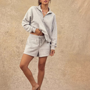 Custom Women's Gray Hoodie and Shorts <b>Set</b> Loose Fit <b>Knitted</b> Cotton Casual Streetwear Drawstring Elastic Waist Solid Color OEM - Product Image 5