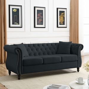 80 \ "Chesterfield divano trapuntato in velluto nero 3 posti divano arrotolato braccia chiodello per soggiorno camera da letto Apartment-3S 3S [Video] - Product Image 3