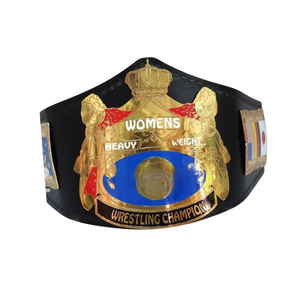 Ceinture de champion de lutte féminine en plaqué or avec centre bleu et drapeaux internationaux, sangle noire, objet de collection - Product Image 6