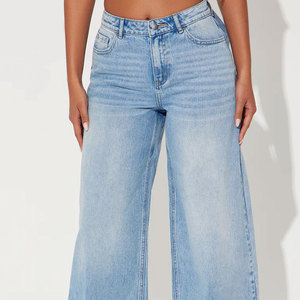 Pantalon en jean évasé pour femme, taille mi-haute, longueur intégrale, poches latérales, boutons, style urbain, effet usé, couleur personnalisée, coupe large – Nouvelle collection 2026, vente flash - Product Image 3