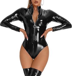 Body de látex ajustado y sexy para mujer con minifalda, conjunto de cuero PU negro, ropa de club, disfraz fetiche, fabricante personalizado - Product Image 3