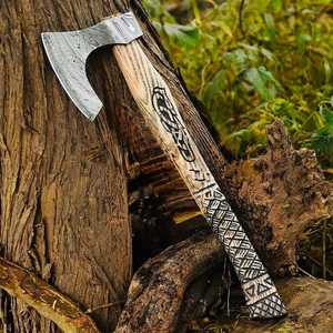 Durable Multi Usage Damascus Steel Blade <b>Axe</b> Head Outdoor Camping <b>Axe</b> Splitting Engraved <b>Wooden</b> Handle Viking Bearded Hatchet - Product Image 1