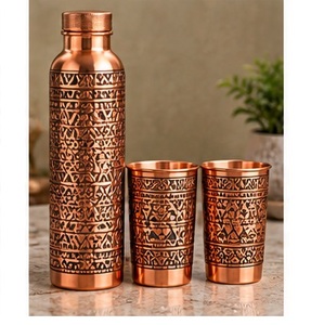 Modern Copper Water Bottle Set with <b>2</b> <b>Cups</b> Handcrafted Geometric Engraved Pattern <b>Flask</b> with Lid - Product Image 1