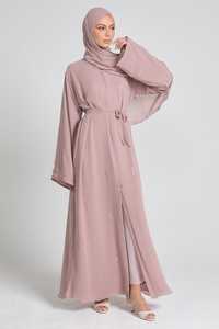 Elegant Dusty Pink Embroidered <b>Abaya</b> With Matching Hijab For Women Modest Floor Length Long Sleeve Viscose Dress - Product Image 2