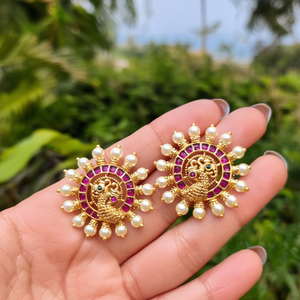 Vintage Peacock Kempu Stud Earrings with Zircon and Pearl - Product Image 3