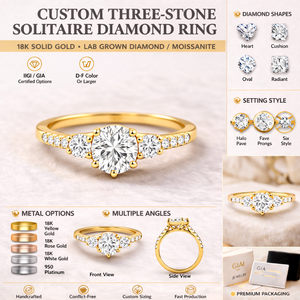 Bague à trois pierres en diamant de laboratoire, or 18 carats plaqué rhodium, taille ronde, alliance de mariage pour occasions spéciales, origine Gujarati - Product Image 5