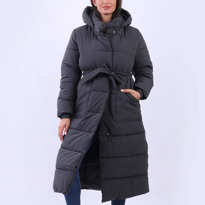 Women's Long Quilted Hooded Puffer Jacket With Belt Closure <b>Thick</b> <b>Winter</b> <b>Coat</b> Full Sleeve Solid Color Polyester Wadding - Product Image 1